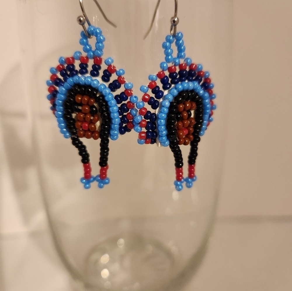 Handmade Native American Earrings Headdress Blue Red Brown Beaded Pierced - Picture 4 of 6